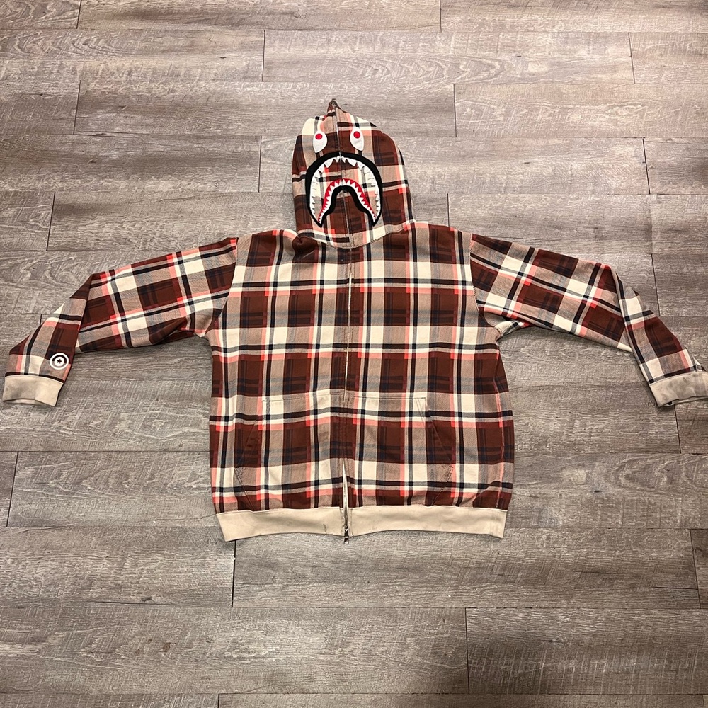 Bape Red and Brown Plaid Zip Up Sweater